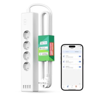 Meross WLAN Steckdosenleiste Überspannungsschutz 4-Fach Smart Mehrfachsteckdose Wandmontage mit 4 USB, kompatibel mit HomeKit, Alexa und Google Home, Zeitschaltuhr, Sprachsteuerung und Fernbedienung