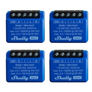 Shelly 1 Mini Gen 3 | 4er Pack | WiFi & Bluetooth Smart Switch Relais 1 Kanal 8A | Hausautomation | Kompatibel mit Alexa und Google Home | iOS-Android-App | Kein Hub erforderlich | Trockene Kontakte