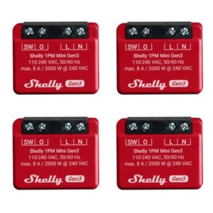 Shelly 1PM Mini Gen3 | 4er Pack | WLAN- und Bluetooth-Smart-Switch-Relais, 1 Kanal 8A mit Leistungsmessung | Hausautomation | Kompatibel mit Alexa und Google Home | iOS-Android-App