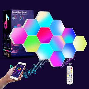 Hexagon LED Panel 12pcs RGB Sechseck Gaming Wandleuchte mit Fernbedienung, Smart Wand Licht DIY Kombinierbar LED Lichtleisten, Musik Sync App-Steuerung LED Panel für Weihnachten Gaming Zimmer Deko