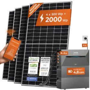 Solarway® All In One Balkonkraftwerk mit Speicher 2000W komplett Steckdose - 4,8 kWh Anker Solix 2 PRO Speicher - Solaranlage Komplettset - 500W Solarmodule & Anker Speicher & Zubehör