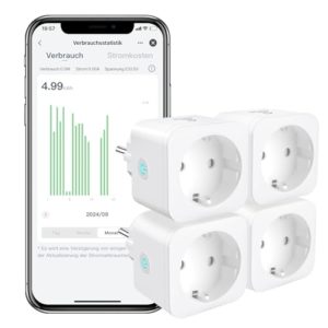 WLAN Smart Steckdose EIGHTREE, Alexa Steckdose 4er Pack, Smart Home WiFi Steckdose, Alexa Zubehör, Stromverbrauch Messen, Zeitplan, Fernzugriff, Funktioniert mit Alexa, Google Home, SmartThings, 16A