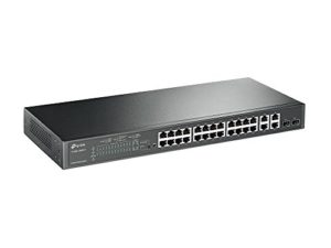 TP-Link TL-SL2428P 24-Port Fast Ethernet Rackmount PoE+ Switch + 4 Gigabit Port(250 Watt, Zentrales Cloud-Management, In Omada-SDN integriert, IPv6-Unterstützung, Sicheres Netzwerk) Schwarz, v4.2