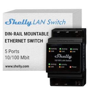 Shelly LAN Switch - Ethernet Netzwerk Switch Für Die DIN Schiene (10/100 Mbps) | 5 RJ45-Anschlüssen | Stromversorgung von 110V - 230 V | Keine zusätzlichen Adapter erforderlich